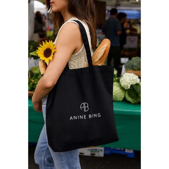 Anine Bing Cotton Tote Black AB Logo Bag Purse Shopping Reusable Market Cloth - Picture 1 of 6
